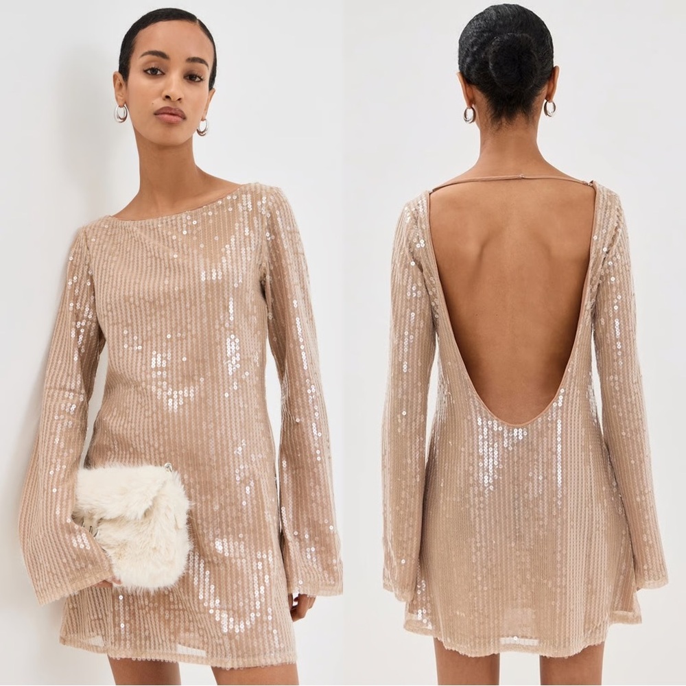 Reformation Sereia Sequin Open Back Long Sleeve Mini Dress NWT Size S
